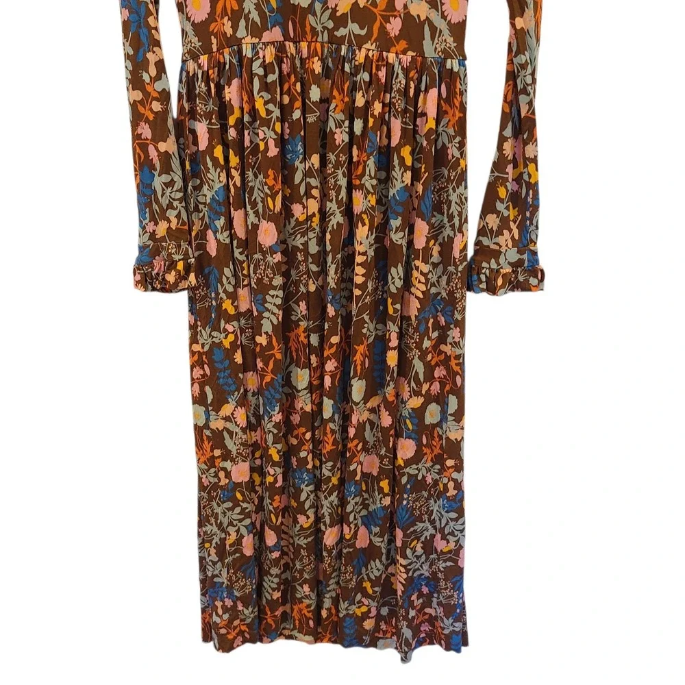 STINE GOYA Clarabelle Midi Dress Brown Floral Ruffles Knit Jersey Flowy‎ Size 4